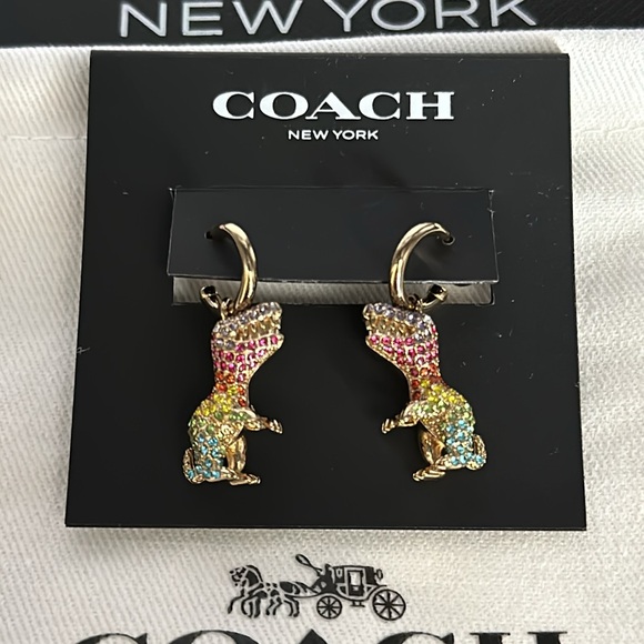 Coach Rexy Pavé Rexy Huggie Earrings Rainbow Crystal Gold Dangle Dinosaur Hoops - Picture 2 of 7